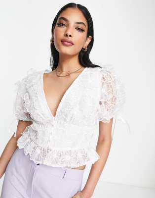 ASOS DESIGN premium 3D floral organza tea blouse in white