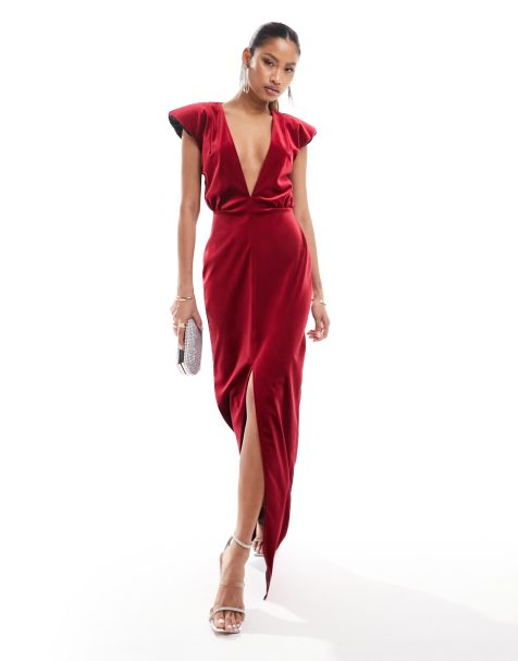 ASOS DESIGN Premium velvet plunge maxi dress with shoulder pads in red 