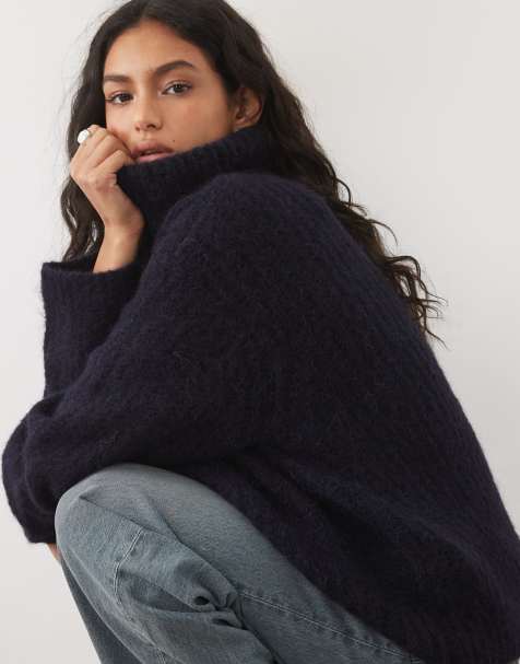 ASOS DESIGN premium alpaca blend roll neck stitch texture boxy jumper in navy - view 1