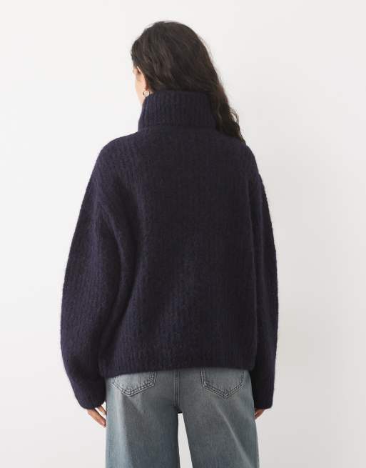 ASOS DESIGN premium alpaca blend roll neck stitch texture boxy jumper in navy, 4 of 4