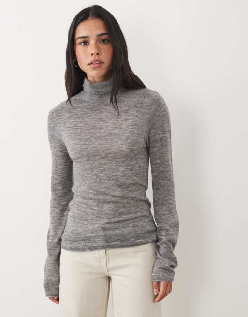 ASOS DESIGN premium alpaca blend sheer fitted roll neck in mid gray, 2 of 4
