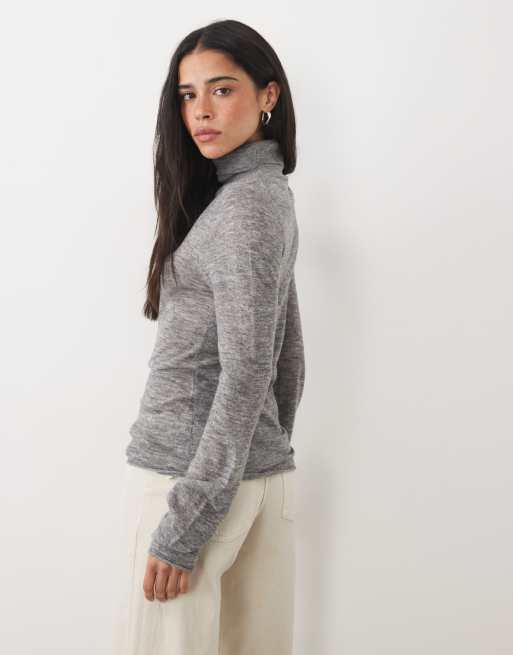 ASOS DESIGN premium alpaca blend sheer fitted roll neck in mid gray, 3 of 4