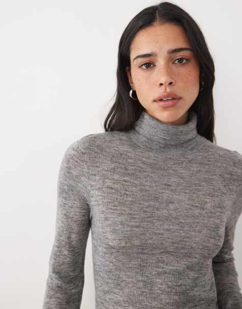 ASOS DESIGN premium alpaca blend sheer fitted roll neck in mid grey - view 1