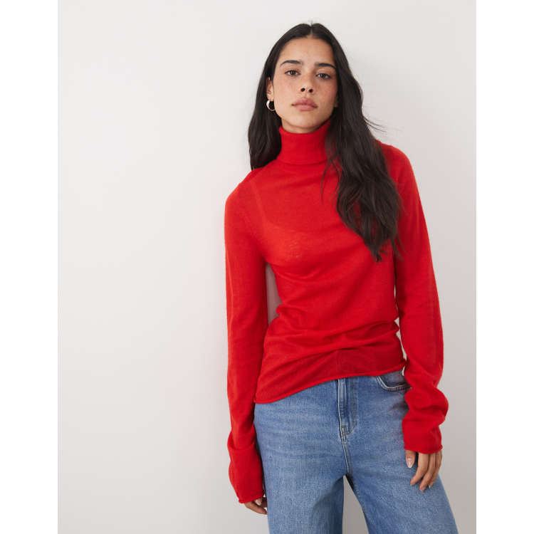 ASOS DESIGN premium alpaca blend sheer fitted roll neck in red | ASOS