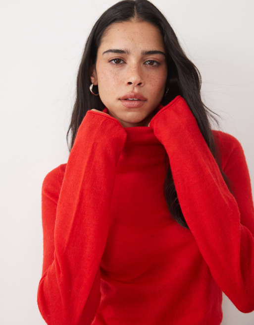 ASOS DESIGN premium alpaca blend sheer fitted roll neck in red, 2 of 4