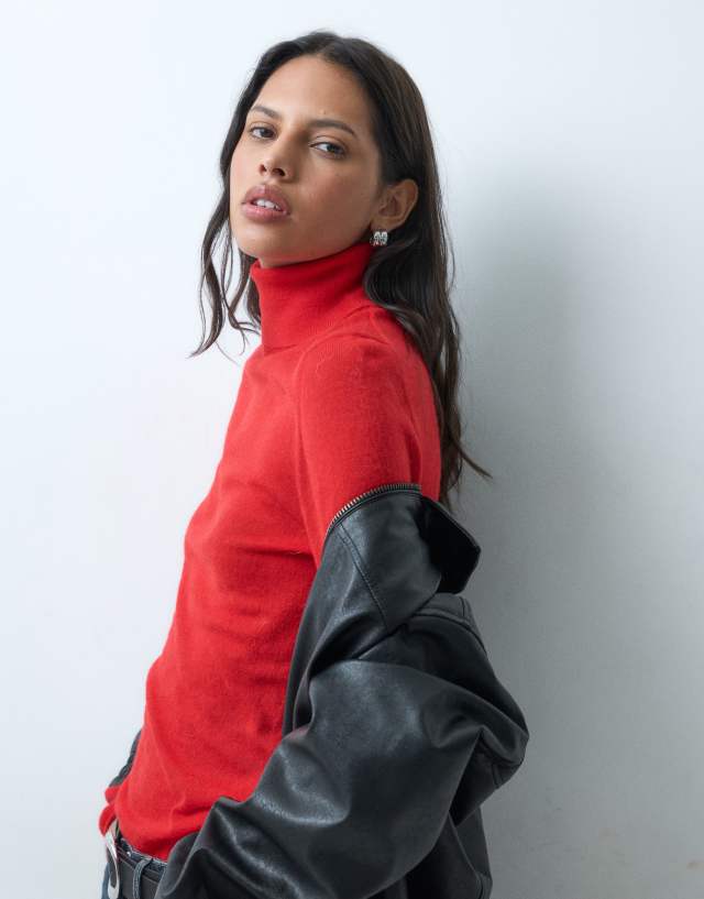 ASOS DESIGN premium alpaca blend sheer fitted roll neck in red | ASOS