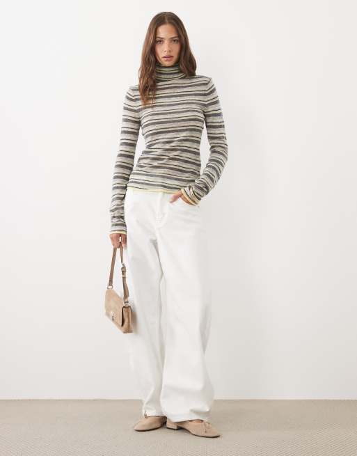 ASOS DESIGN premium alpaca blend sheer fitted roll neck in stripe, 2 of 4
