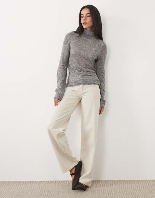 ASOS DESIGN premium alpaca blend sheer fitted roll neck jumper in mid grey, 4 of 4