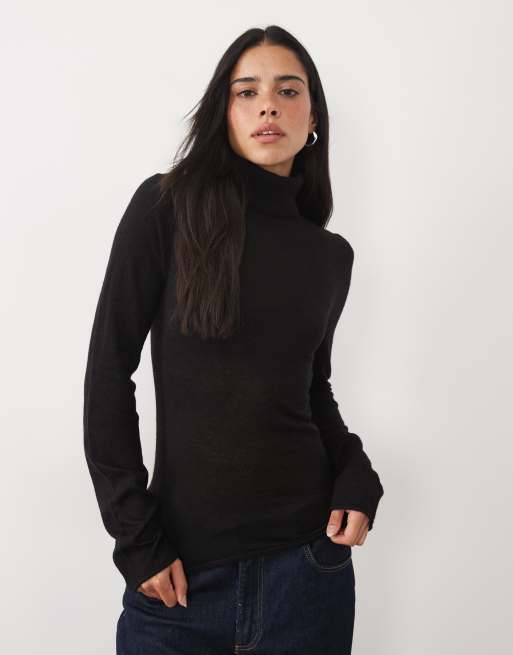 ASOS DESIGN premium alpaca blend sheer fitted turtle neck sweater in black, 3 of 4