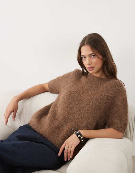 ASOS DESIGN premium alpaca blend t-shirt in chocolate - view 1