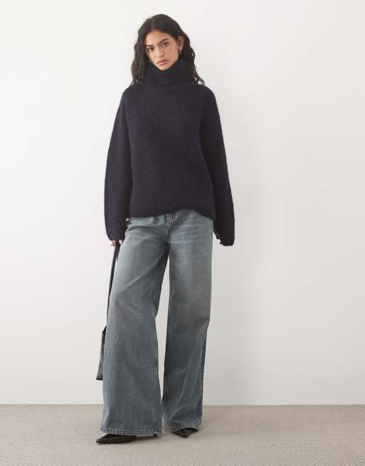 ASOS DESIGN premium alpaca blend turtleneck stitch texture boxy sweater in navy, 2 of 4