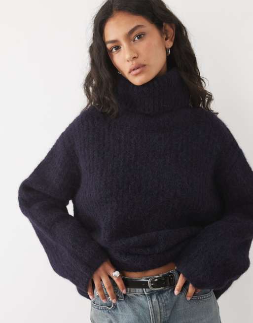 ASOS DESIGN premium alpaca blend turtleneck stitch texture boxy sweater in navy, 3 of 4