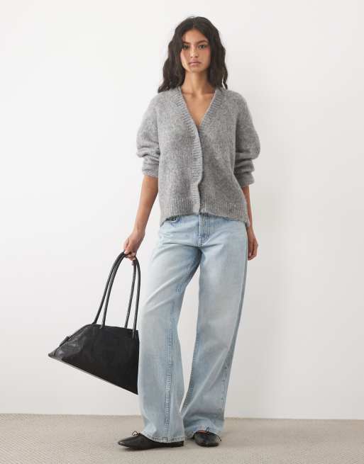 ASOS DESIGN premium alpaca blend v-neck cardigan in grey marl, 2 of 4
