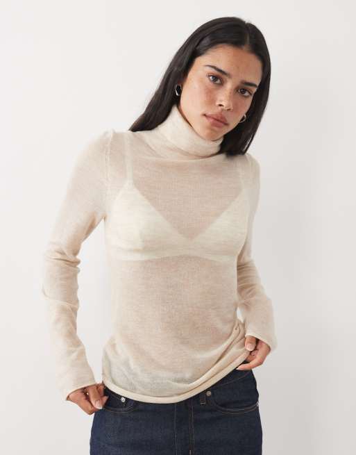 ASOS DESIGN premium alpaca mix sheer fitted roll neck jumper in oatmeal, 2 of 4