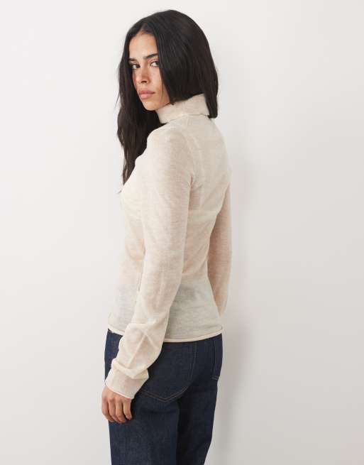 ASOS DESIGN premium alpaca mix sheer fitted turtle neck sweater in oatmeal, 4 of 4