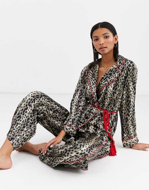 ASOS DESIGN premium animal print satin shirt & pants pyjama set