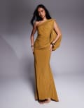 [ASOS DESIGN] ASOS DESIGN premium asymmetric one sleeve maxi dress with draped back in bronze-Brown 12 Bronze
