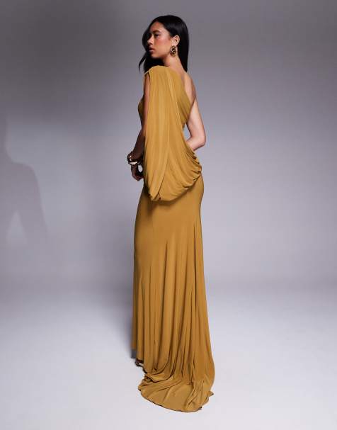 ASOS DESIGN premium asymmetric one sleeve maxi dress with draped back in bronze - view 2