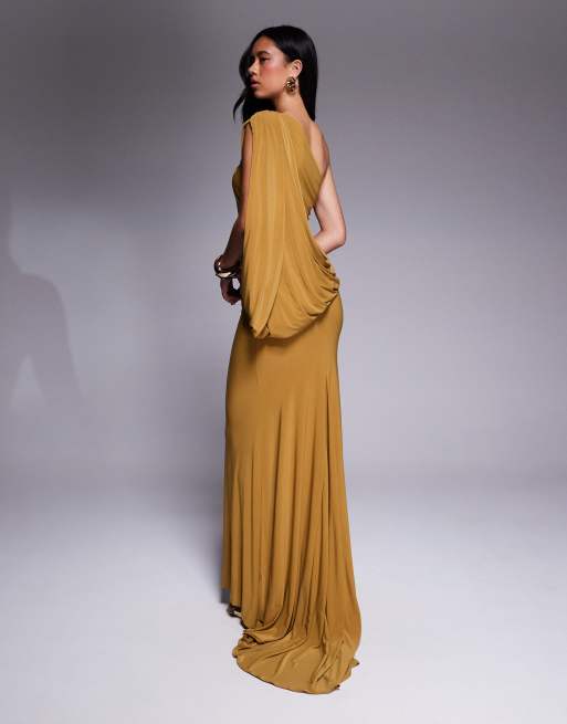 ASOS DESIGN – Premium – Asymmetrisches Maxikleid in Bronze mit einem Ärmel und drapiertem Rücken, 2 von 4