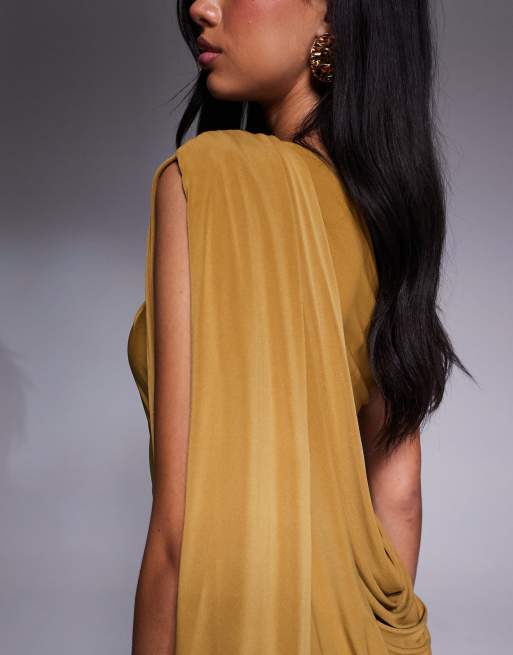 ASOS DESIGN – Premium – Asymmetrisches Maxikleid in Bronze mit einem Ärmel und drapiertem Rücken, 3 von 4