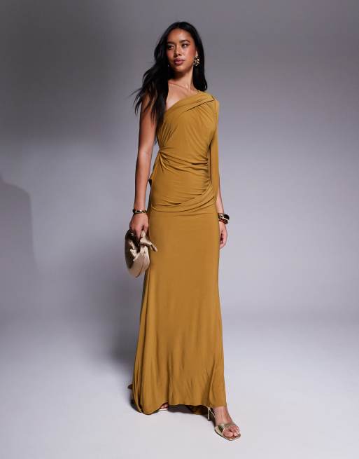 ASOS DESIGN – Premium – Asymmetrisches Maxikleid in Bronze mit einem Ärmel und drapiertem Rücken, 4 von 4