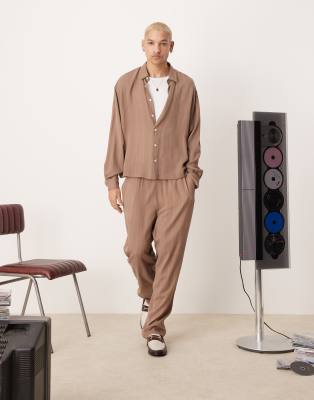 Asos Design Premium Oversized Cropped Striped Shirt In Brown - Part Of A Set