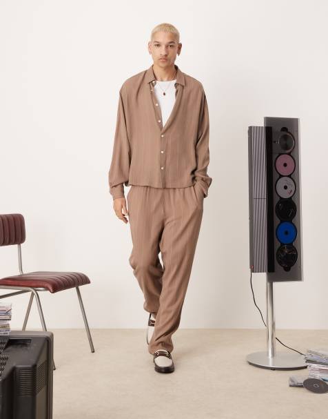 ASOS DESIGN premium baggy pants in brown stripe (part of a set) - view 1