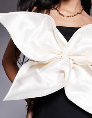 Asos Design Premium Bandage Midi Dress With Contrast Cream Satin Flower In Black