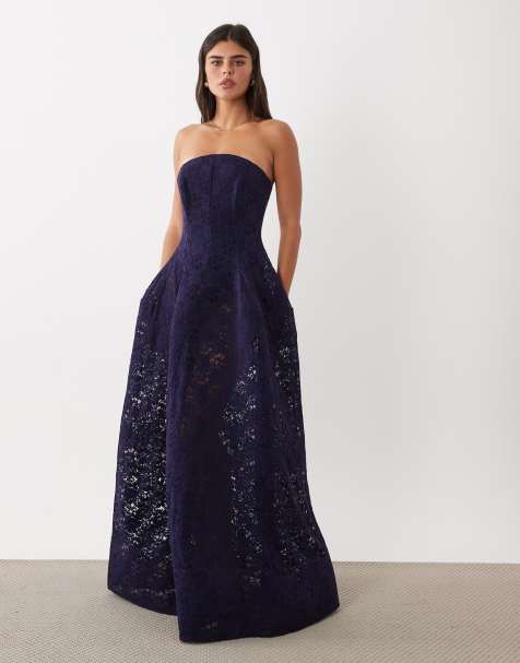 ASOS DESIGN Premium bandeau blonde maxikjole med fuld skørt i navy - view 1