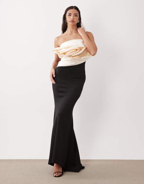 ASOS DESIGN Premium bandeau crepe fishtail maxi dress with contrast satin corsage in monochrome