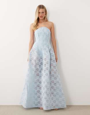 Asos Design Premium Bandeau Lace Full Skirt Midi Dress In Blue