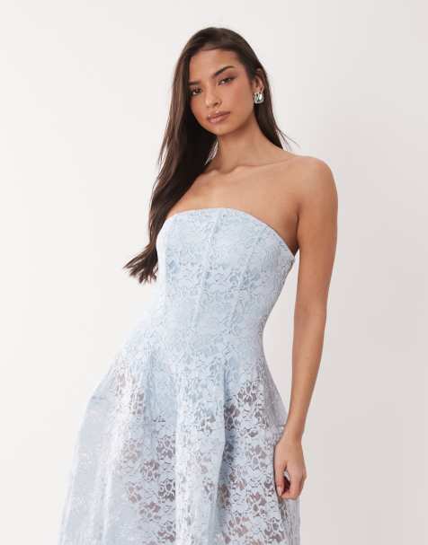 ASOS DESIGN Premium bandeau lace full skirt midi dress in blue - view 1
