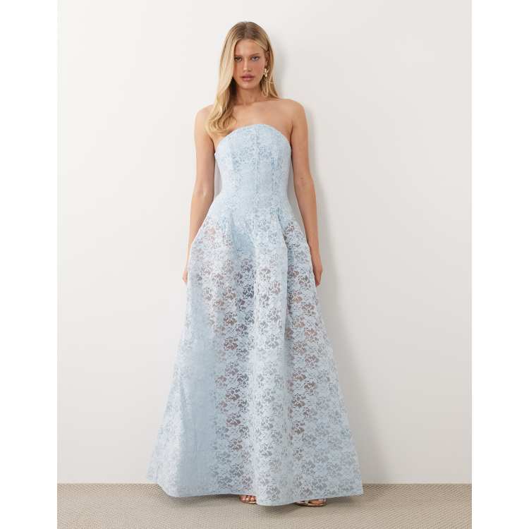ASOS DESIGN Premium bandeau lace maxi dress with full structured skirt in  light blue | ASOS