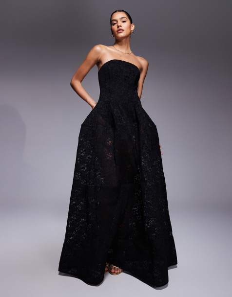 ASOS DESIGN premium bandeau lace maxi skirt with full structured skirt in black - view 1