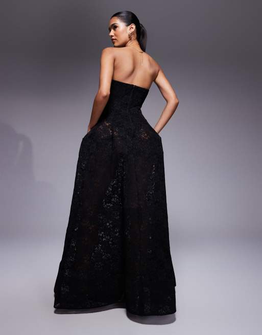 ASOS DESIGN premium bandeau lace maxi skirt with full structured skirt in black