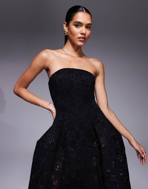 ASOS DESIGN premium bandeau lace maxi skirt with full structured skirt in black