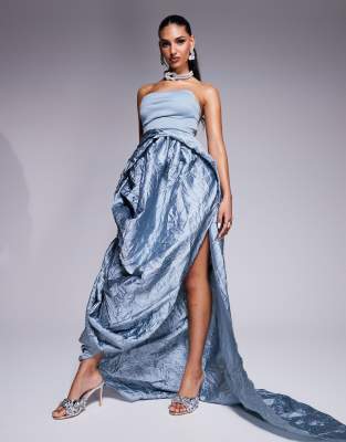 asos design premium bandeau maxi dress with textured taffeta skirt in blue