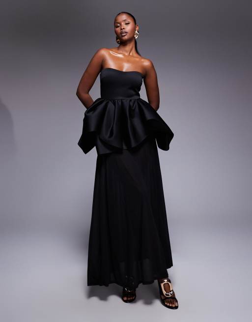 ASOS DESIGN - Premium bandeau maxi-jurk van stof in scuba-stijl met doorschijnende rok in zwart 