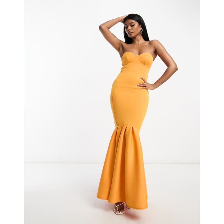 ASOS DESIGN premium bandeau peplum hem maxi dress in marigold orange ASOS