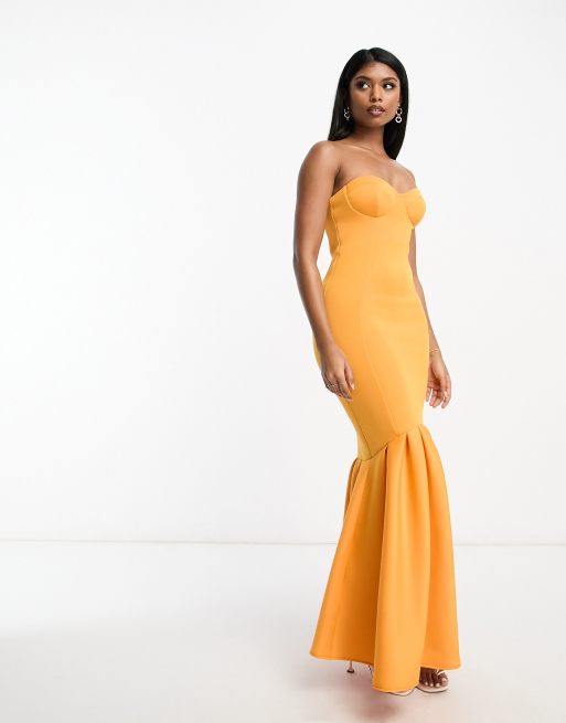 ASOS DESIGN premium bandeau peplum hem maxi dress in marigold