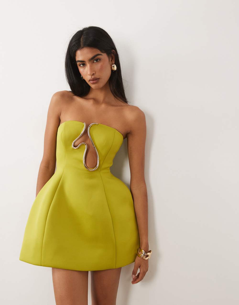 ASOS DESIGN Premium bandeau sculpted mini dress with gold trim in olive