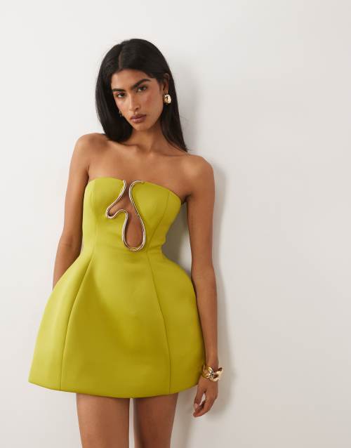ASOS DESIGN Premium bandeau sculpted mini dress with gold trim in olive