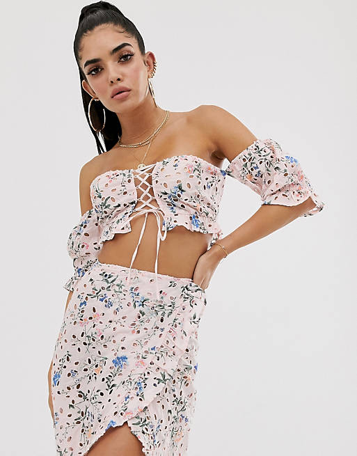 ASOS DESIGN premium bardot beach crop top with puff sleeves & lace up in floral broderie co-ord