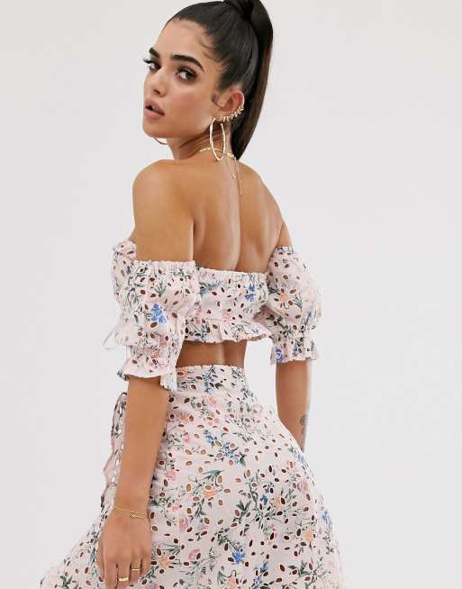 ASOS Premium Broderie Crop Top with Puff Sleeve