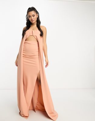 brown satin dress maxi Goddiva – Bardot Rouched Maxi Split Dress – Brown – Brown