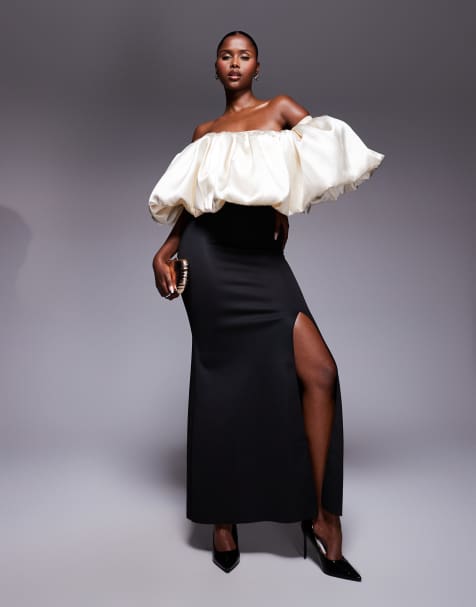 ASOS DESIGN Premium bardot puff bodice bodycon maxi dress in black and white  - view 1