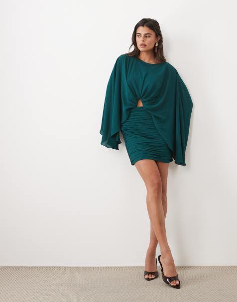 ASOS DESIGN premium batwing mini dress with ruched skirt in teal - view 1