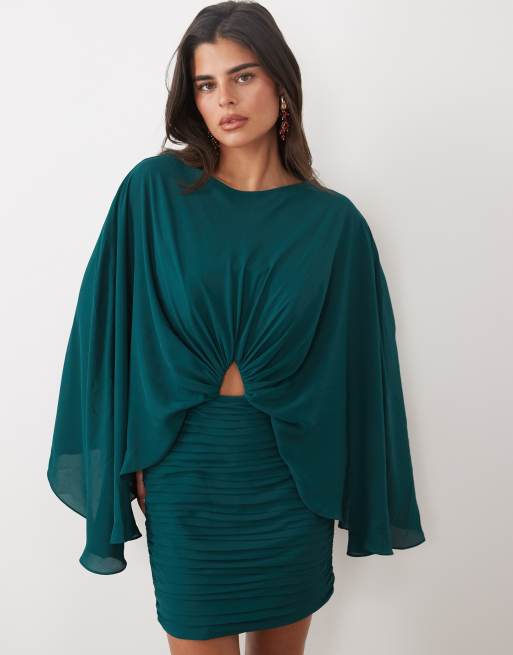 ASOS DESIGN premium batwing mini dress with ruched skirt in teal, 2 of 4
