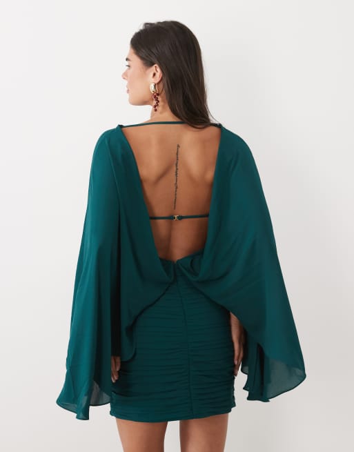 ASOS DESIGN premium batwing mini dress with ruched skirt in teal, 3 of 4