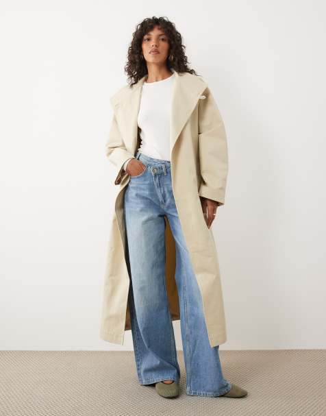 ASOS DESIGN – Premium – Beige trenchcoat i lång modell med ståkrage - view 1